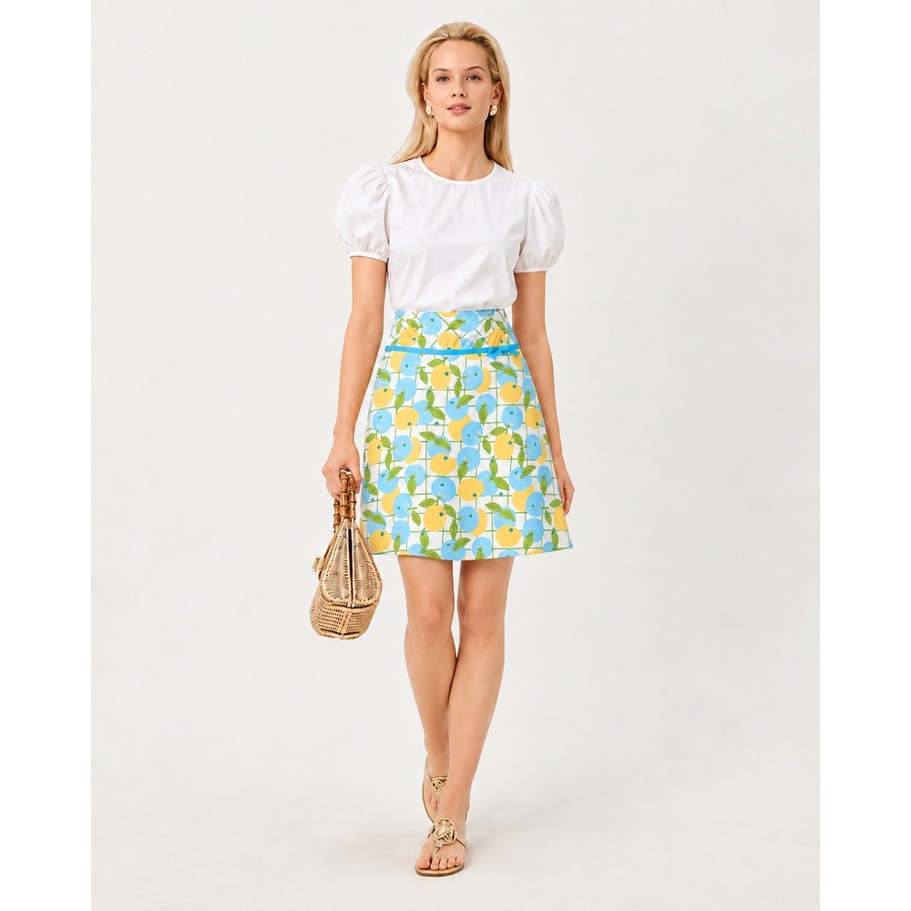 Lilly Pulitzer Womens A-Line Skirt Size 8 Yellow Blue Citrus Fruit Print Preppy